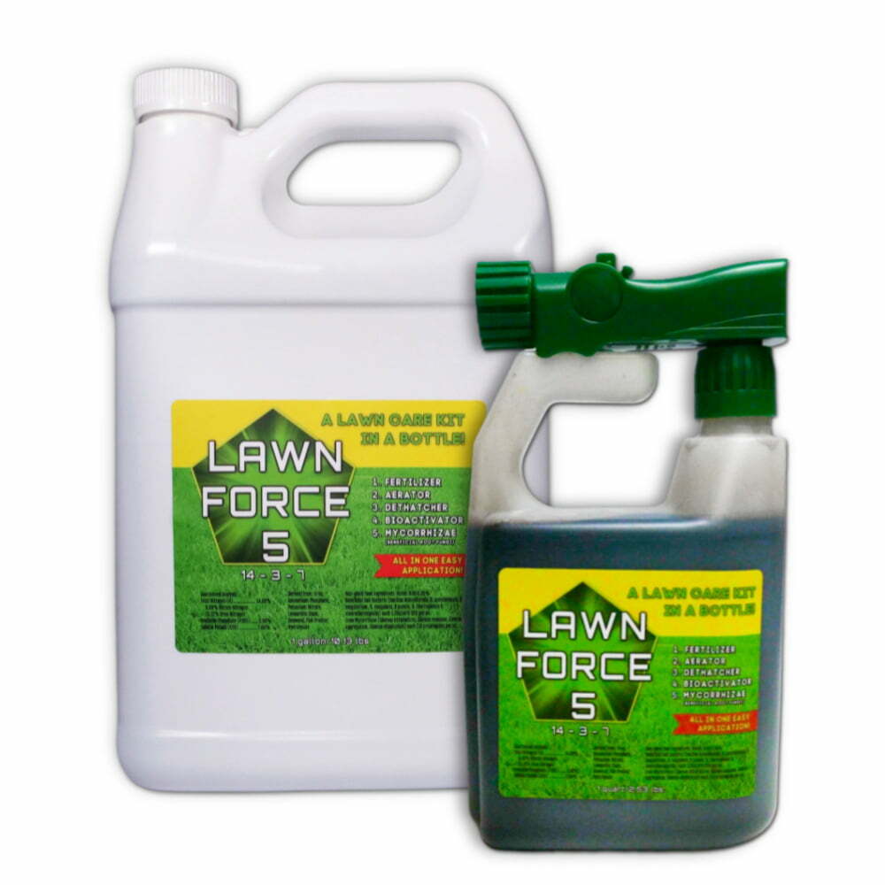 All in One Natural Liquid Lawn Fertilizer Aerator Dethatcher with Humic & Fulvic Acid Kelp Seaweed Mycorrhizae - Lawn Force 5 - Nature's Lawn & Garden